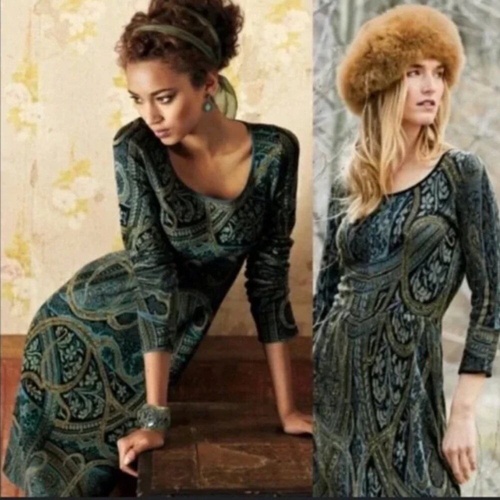 Peruvian Connection 100% Pima Cotton Knitted Kashimiri Midi Dress L Blue Multi